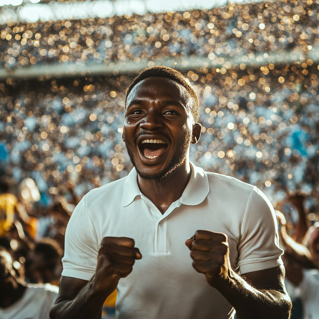 Excited man celebrates victory in glittering stadium