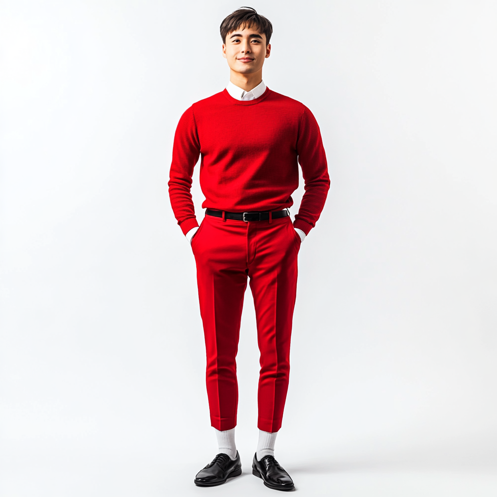 Excited man in red sweater and slacks, professional pose.