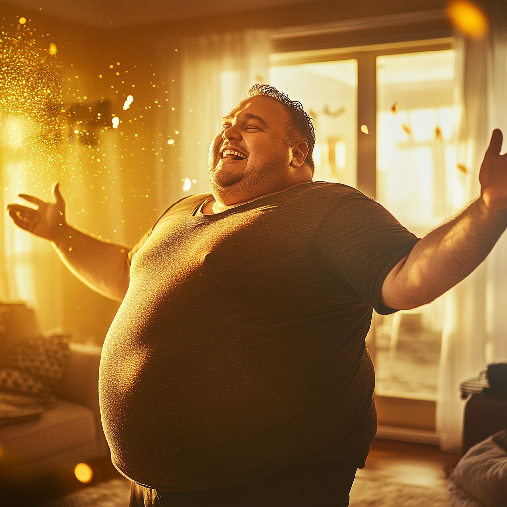 Excited obese man in living room with open arms