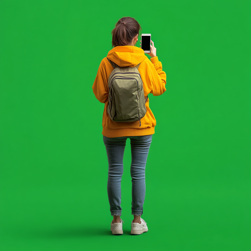 Excited pedestrian taking pictures on phone, green screen background