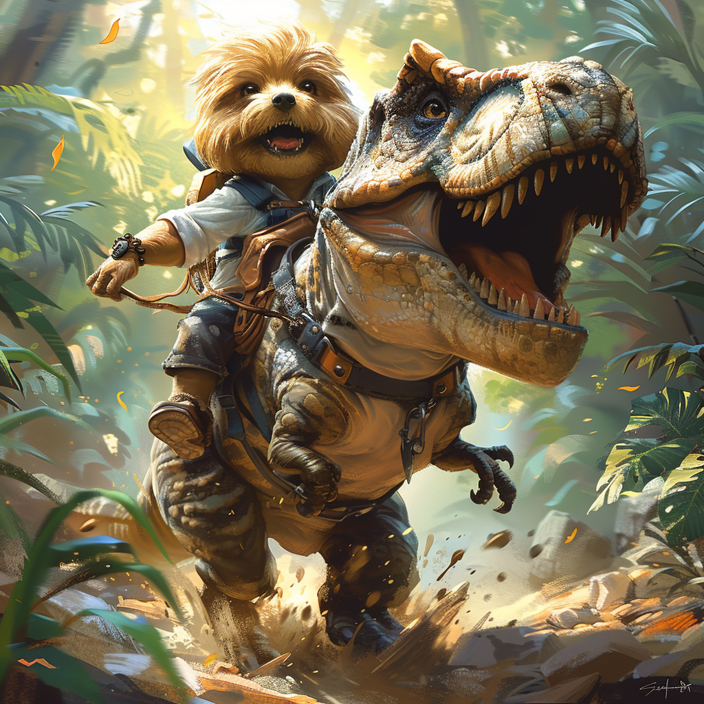 Excited shih tzu riding T. rex through jungle adventure.