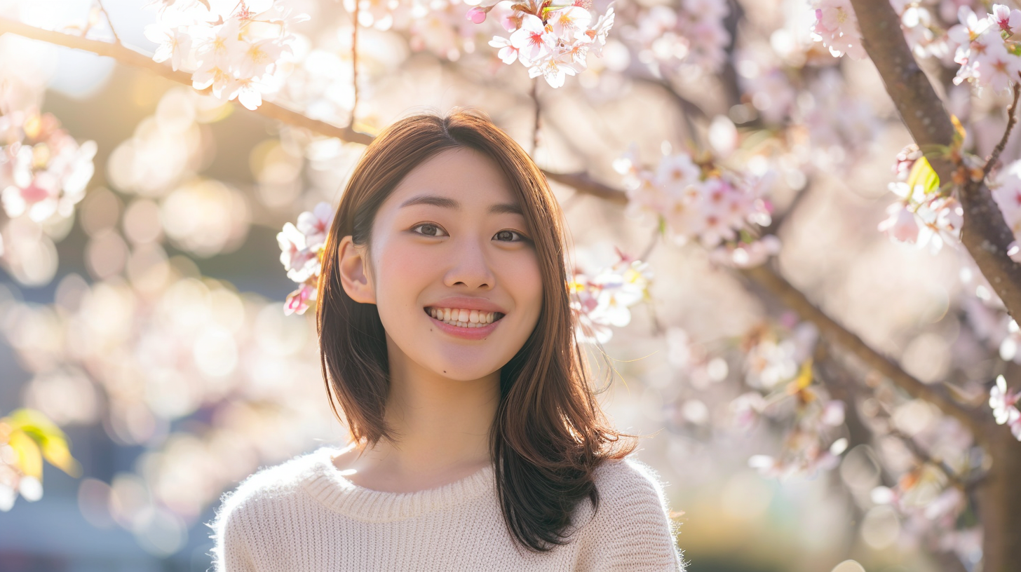 Excited university student near cherry blossoms, smiling brightly.