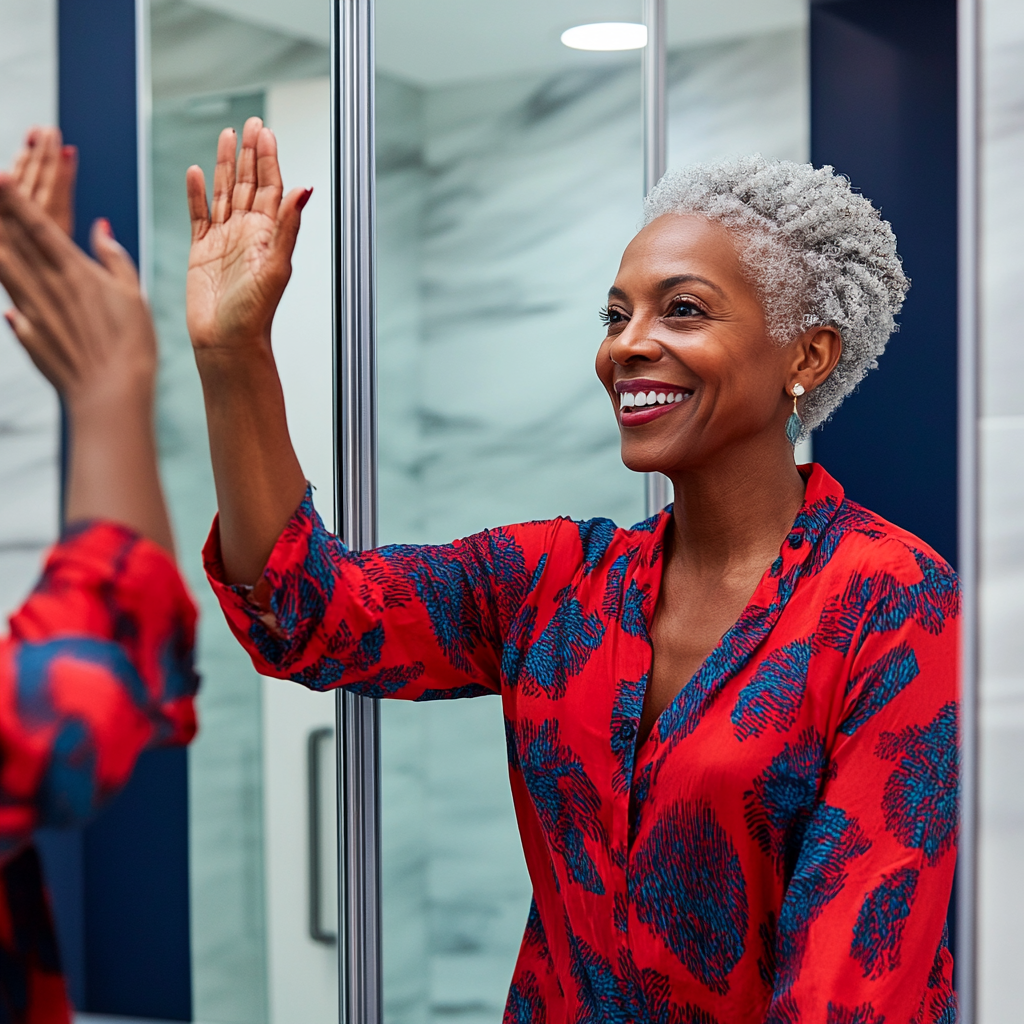 Excited woman celebrating with mirror high-five, joyful expression.