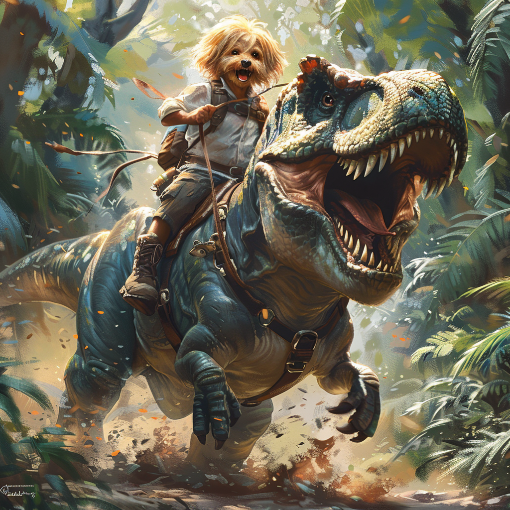 Exciting adventure: shih tzu rides T. rex in jungle.