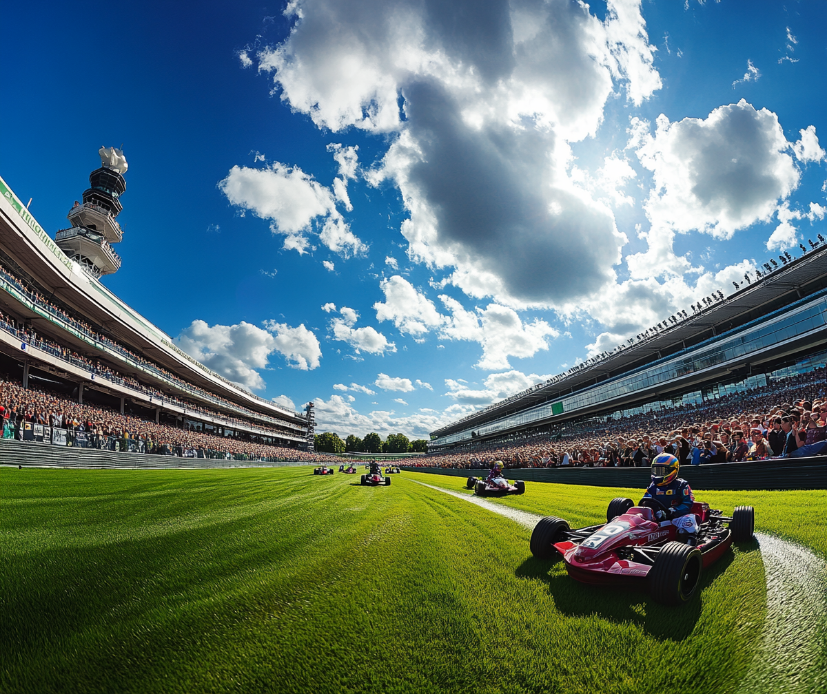 Exciting go-kart race at Ascot with crowds.