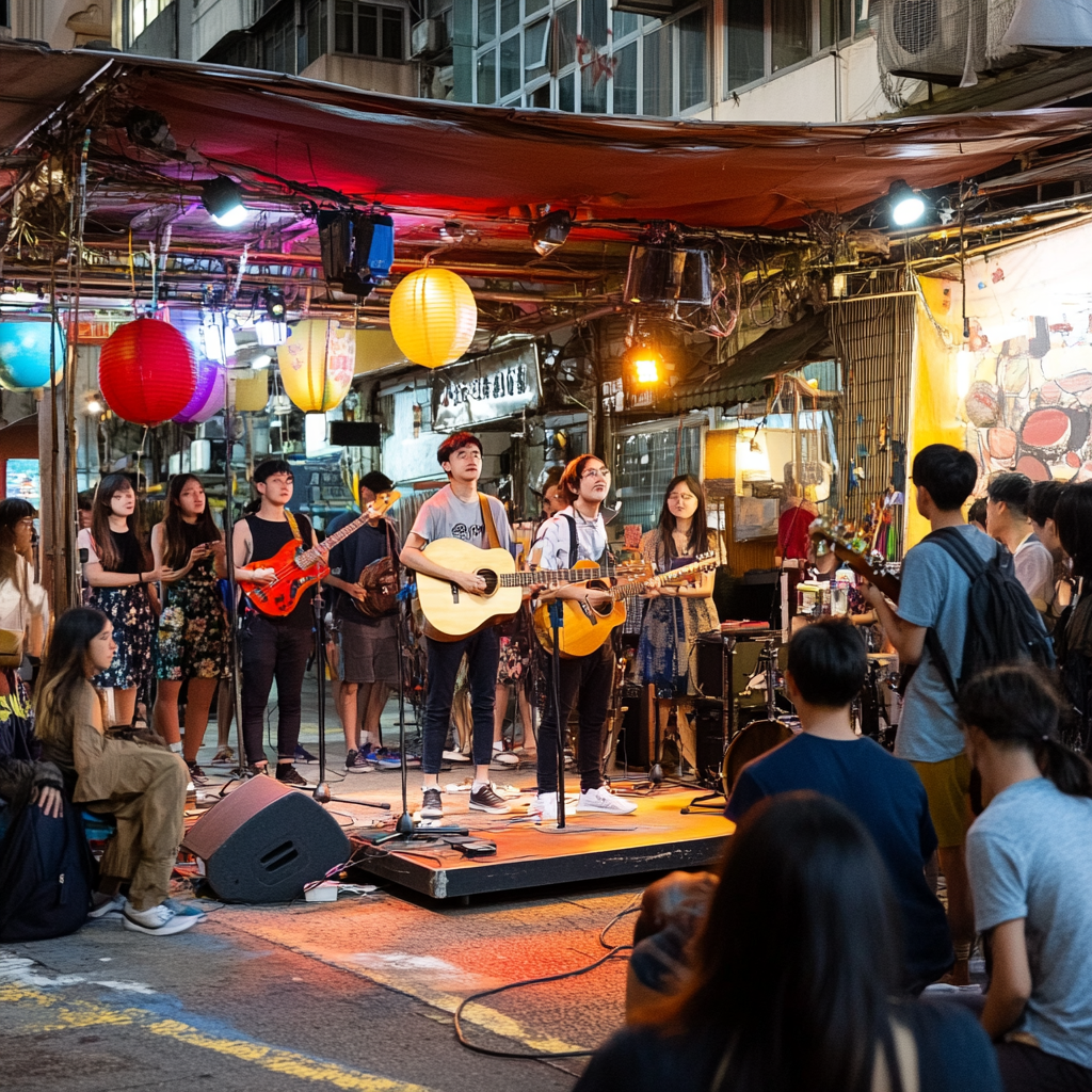 Exciting music show on street with colorful lights.