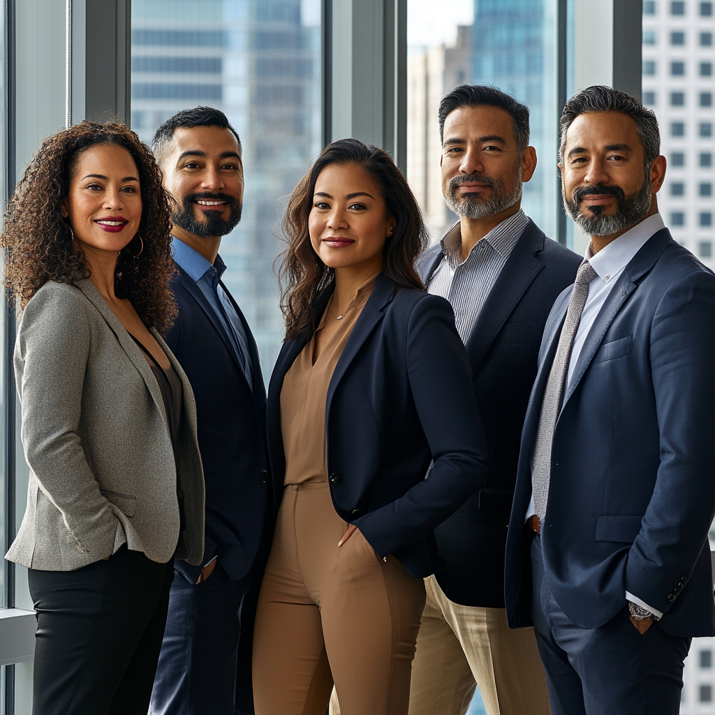 Executives from different backgrounds standing by window confidently