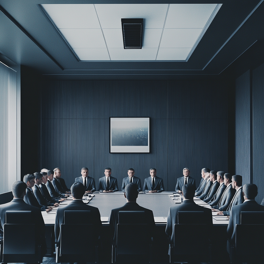 Executives in boring grey suits wait in boardroom.