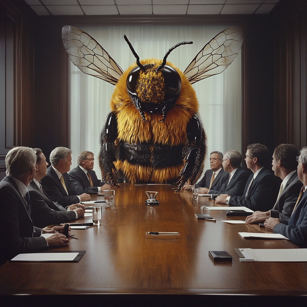 Executives listening to man in bee costume