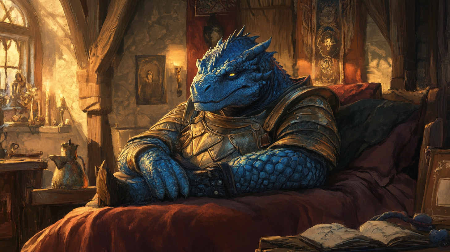 Exhausted Blue Dragonborn at a Medieval Inn