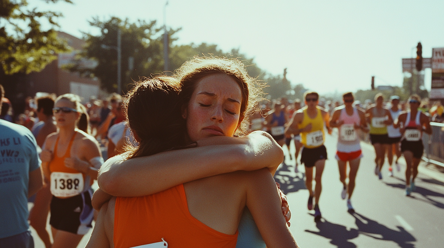 Exhausted Female Marathoner Embraced by Husband Post-race