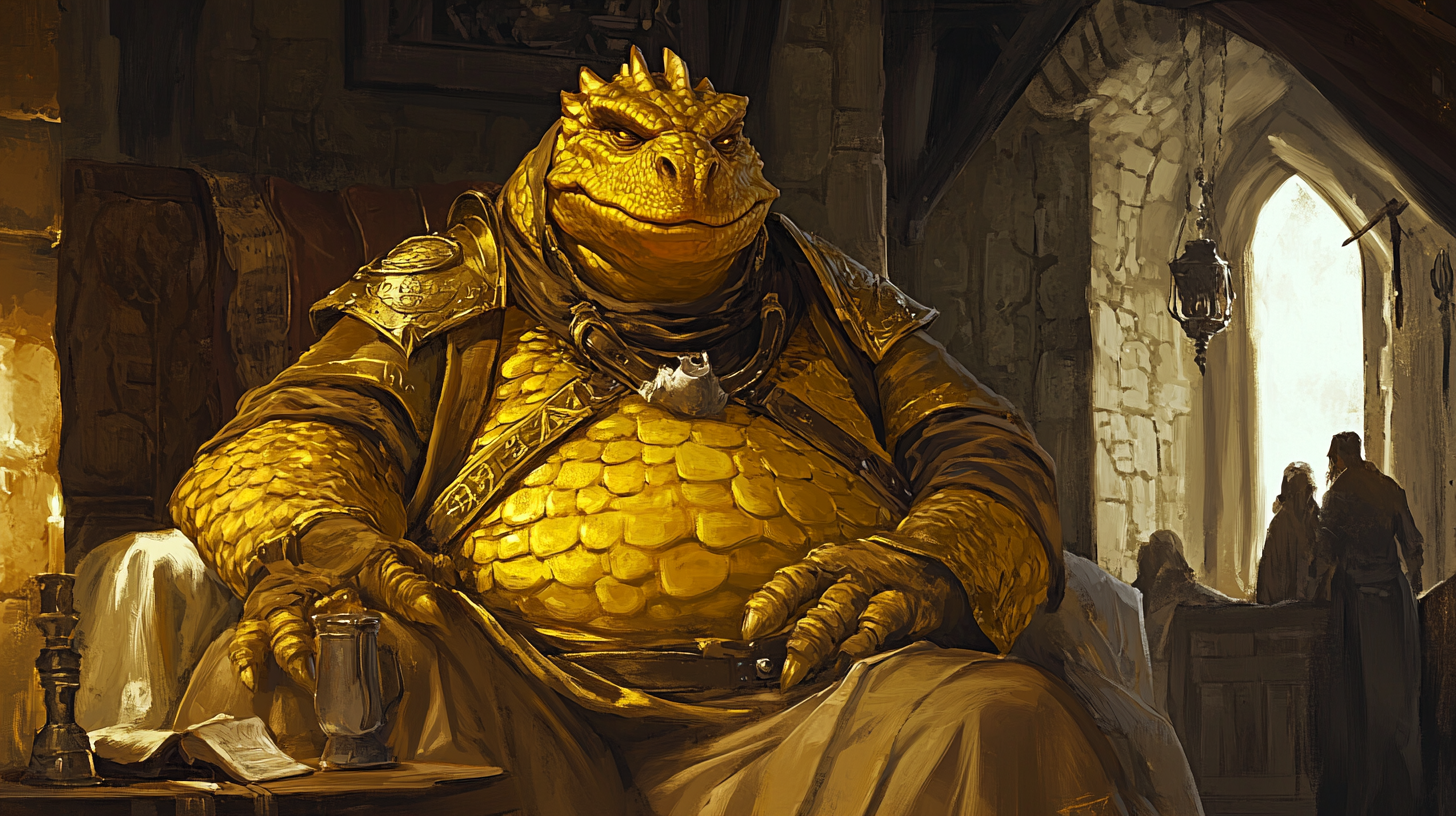 Exhausted Obese Dragonborn Rests in a Medieval Inn