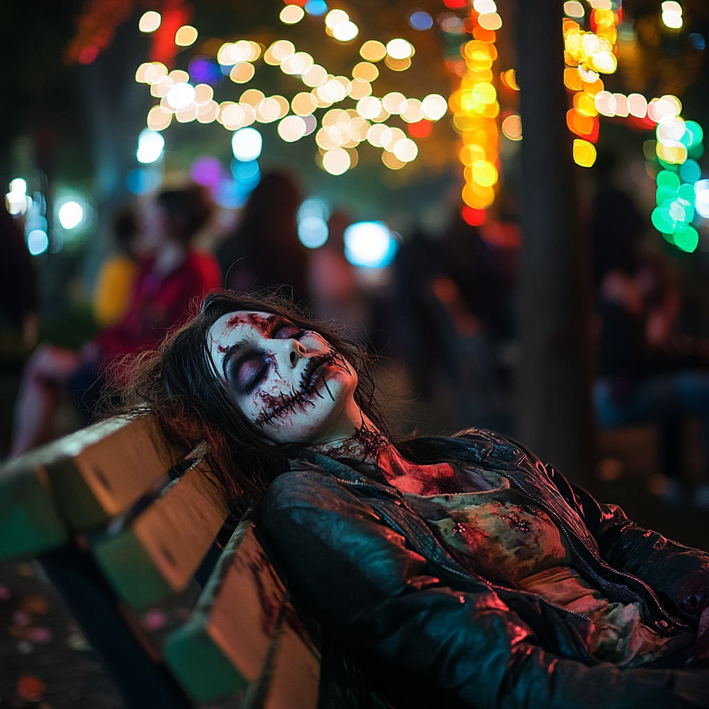 Exhausted Woman in Zombie Costume at Park Festival