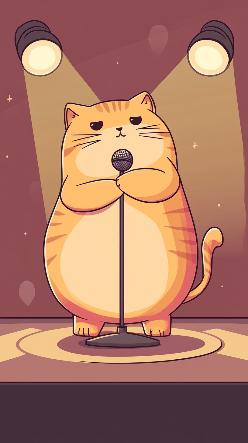 Exhausted chubby cat singing on small stage with microphone.