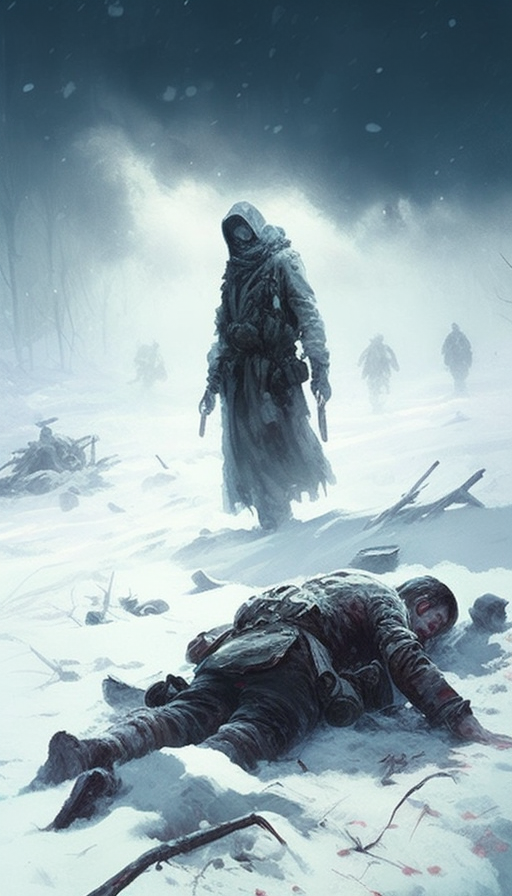 Exhausted soldiers in snow-covered battlefield with frozen weapons.