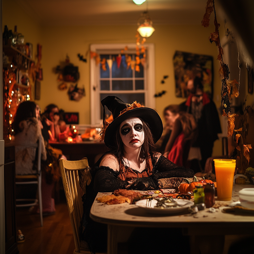 Exhausted woman in witch costume at Halloween party