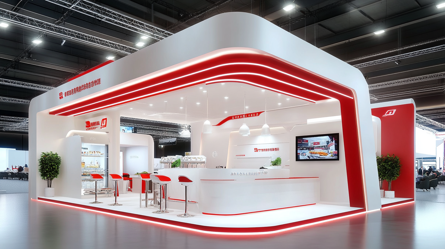 Exhibition booth design in red and white, modern, luxurious.