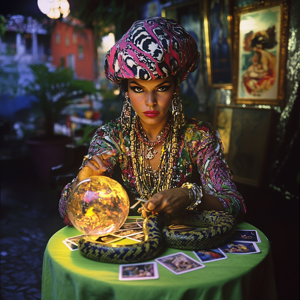 Exotic Romani fortune teller with vivid snake and art.