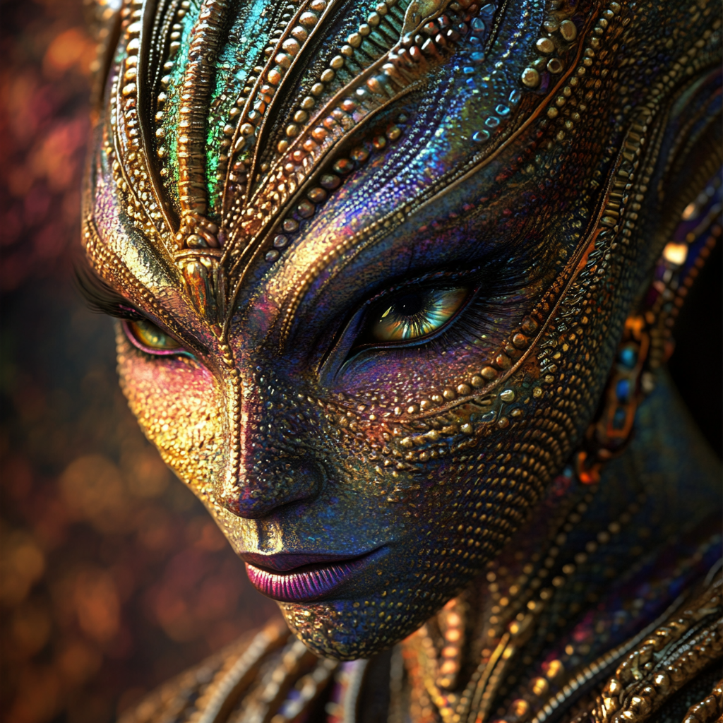 Exotic alien with tribal jewelry, vivid skin tones portrait.