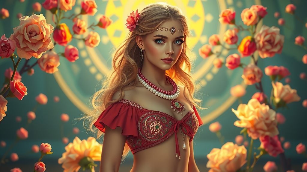 Expanded Full Body Image of Aphrodite Standing Surrounded by Flowers and Pearls