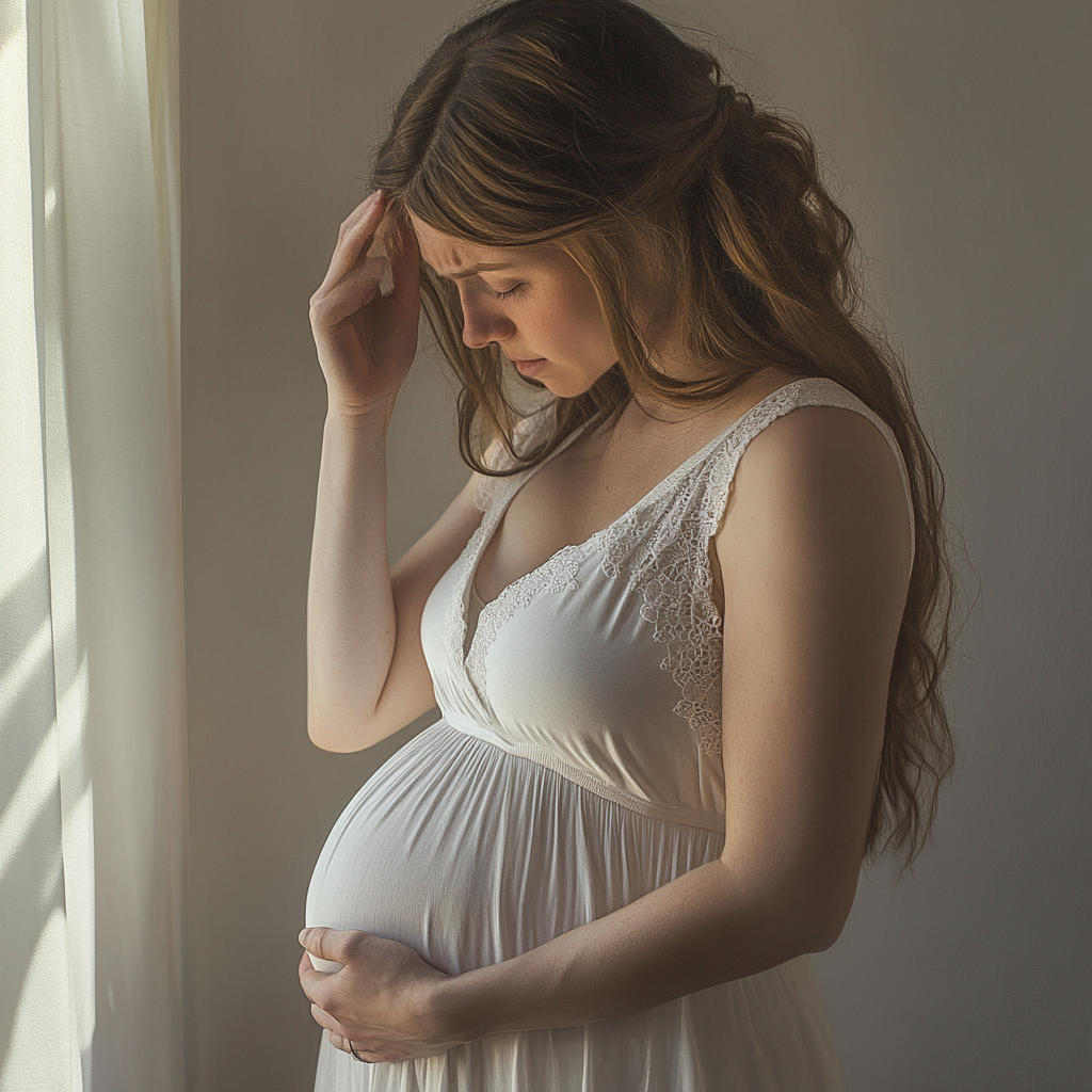 Expectant mother with painful stomach contraction in white dress.