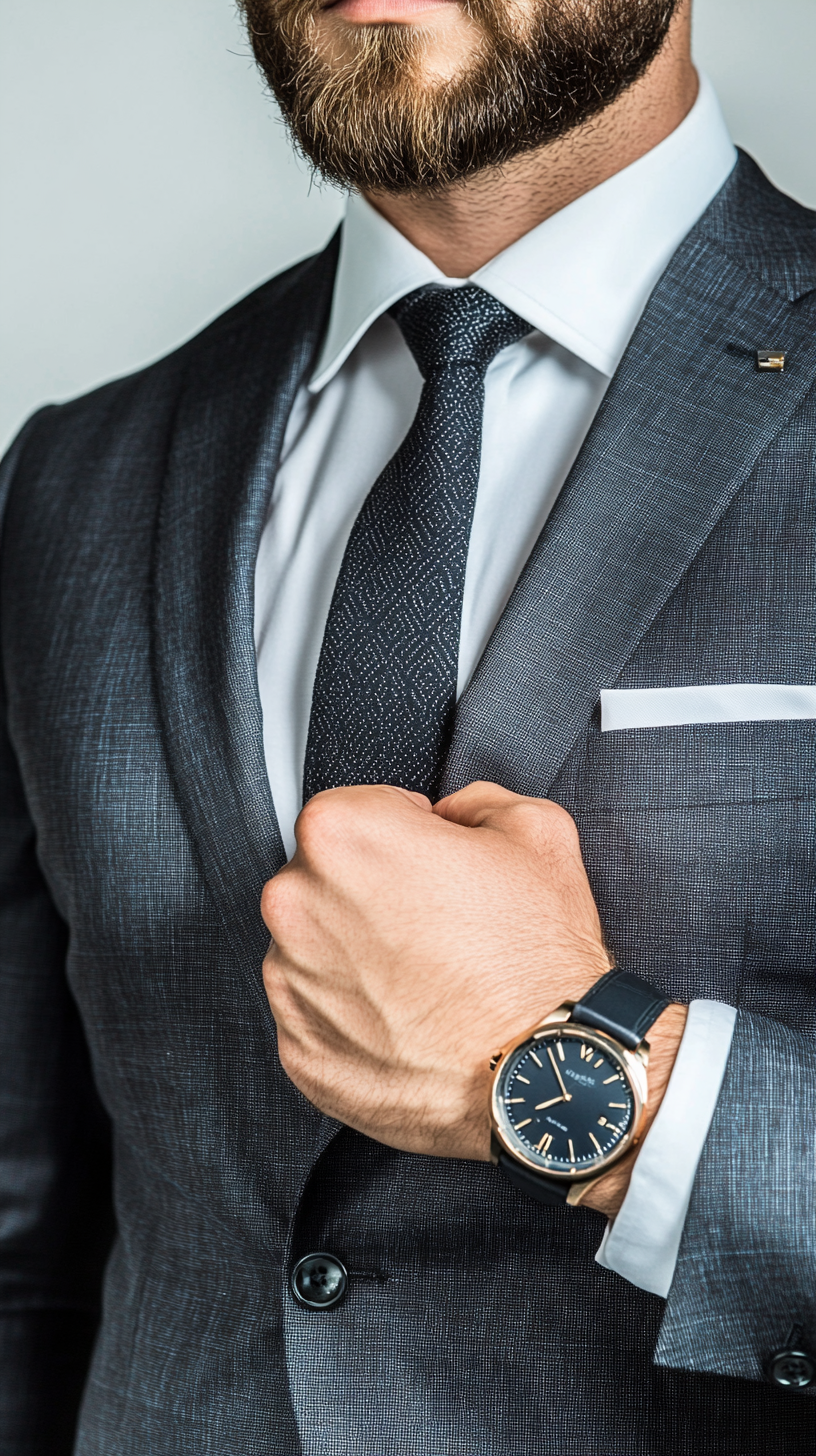 Expensive watch on hand, wearing a suit, muscular businessman.