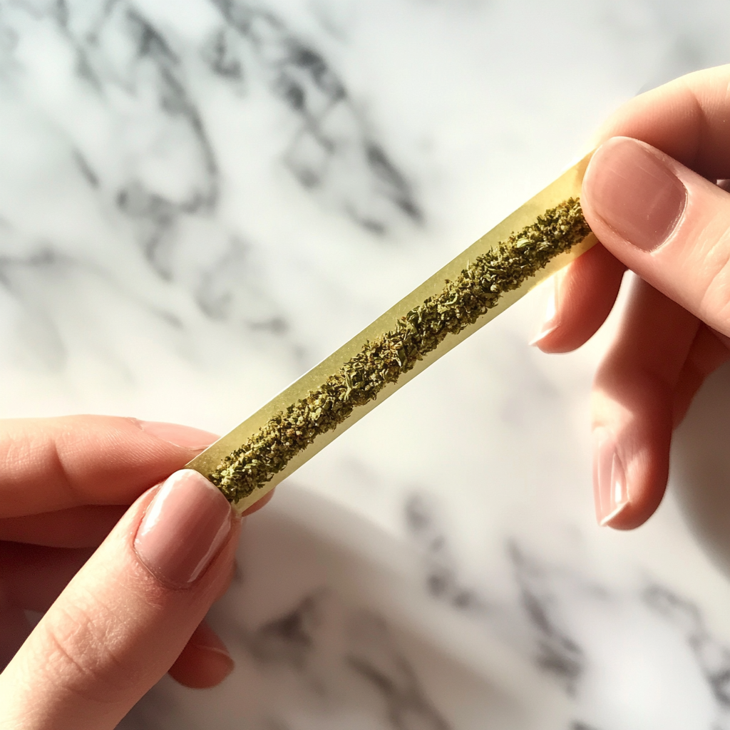 Expertly rolling cannabis joint with finely ground marijuana.