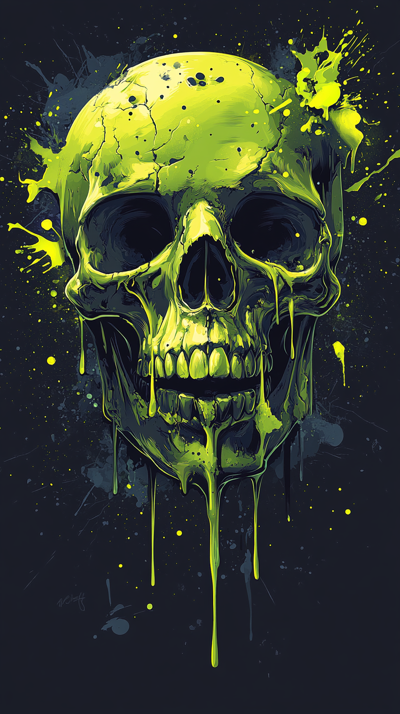 Exploding skull with lime green goo splashes.