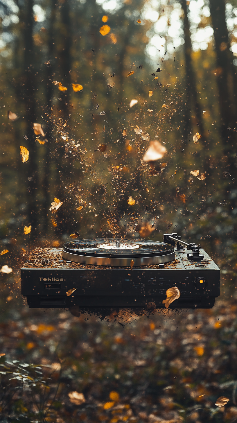 Exploding turntable in forest, flying debris, strange lighting.