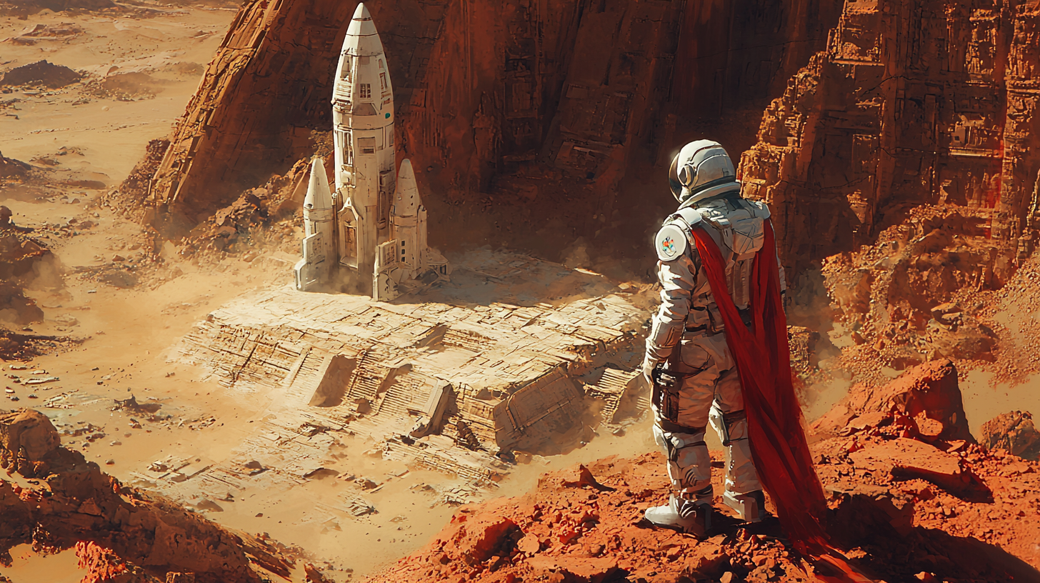 Exploration on Mars: solitary cosmonaut studies mysterious pillar.