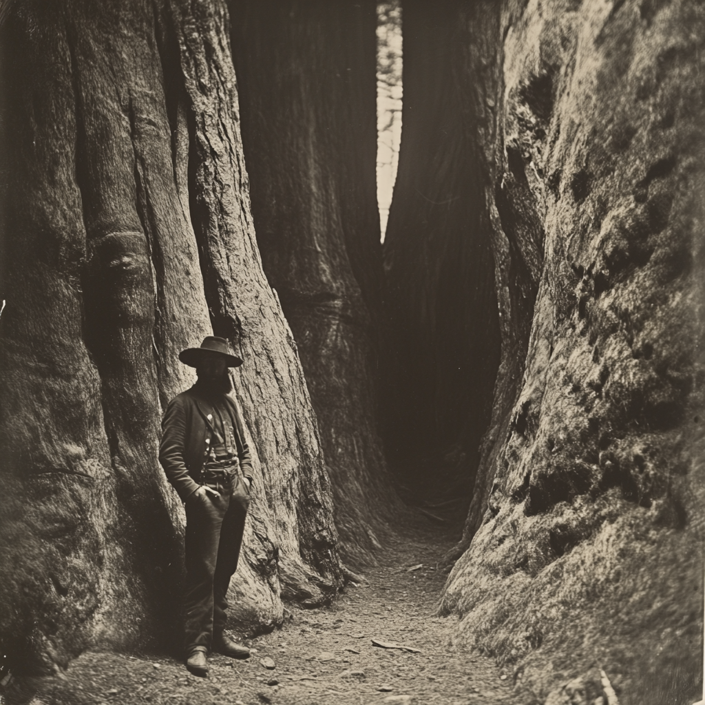 Explorer poses in front of ancient forest