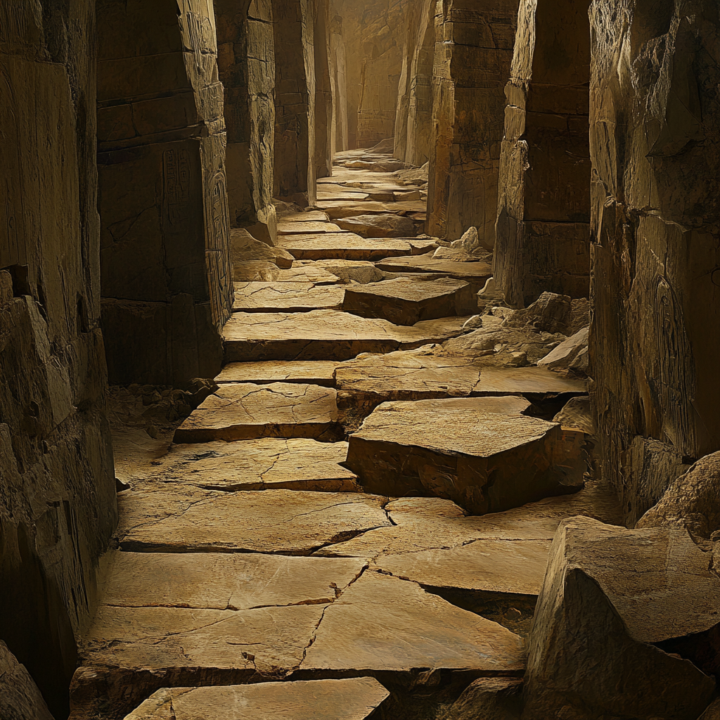 Exploring Egyptian-Style Labyrinth Tunnel with Jagged Stones