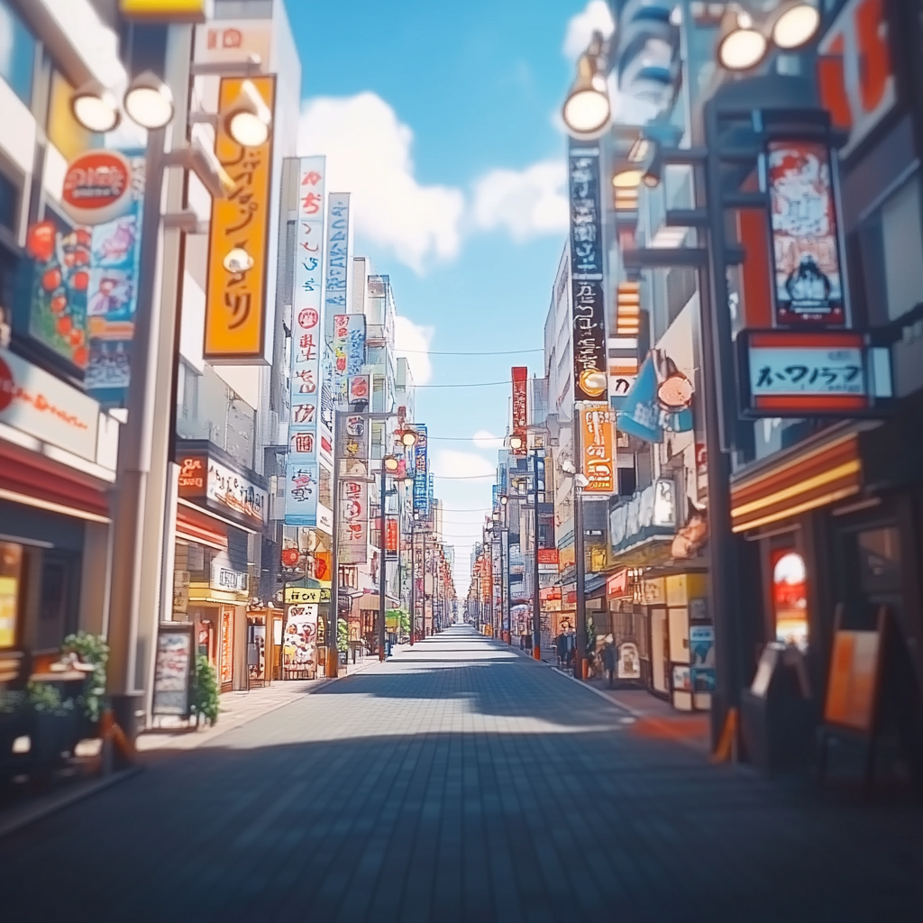 Exploring a Sunny Japanese Shopping Area from Ground View.