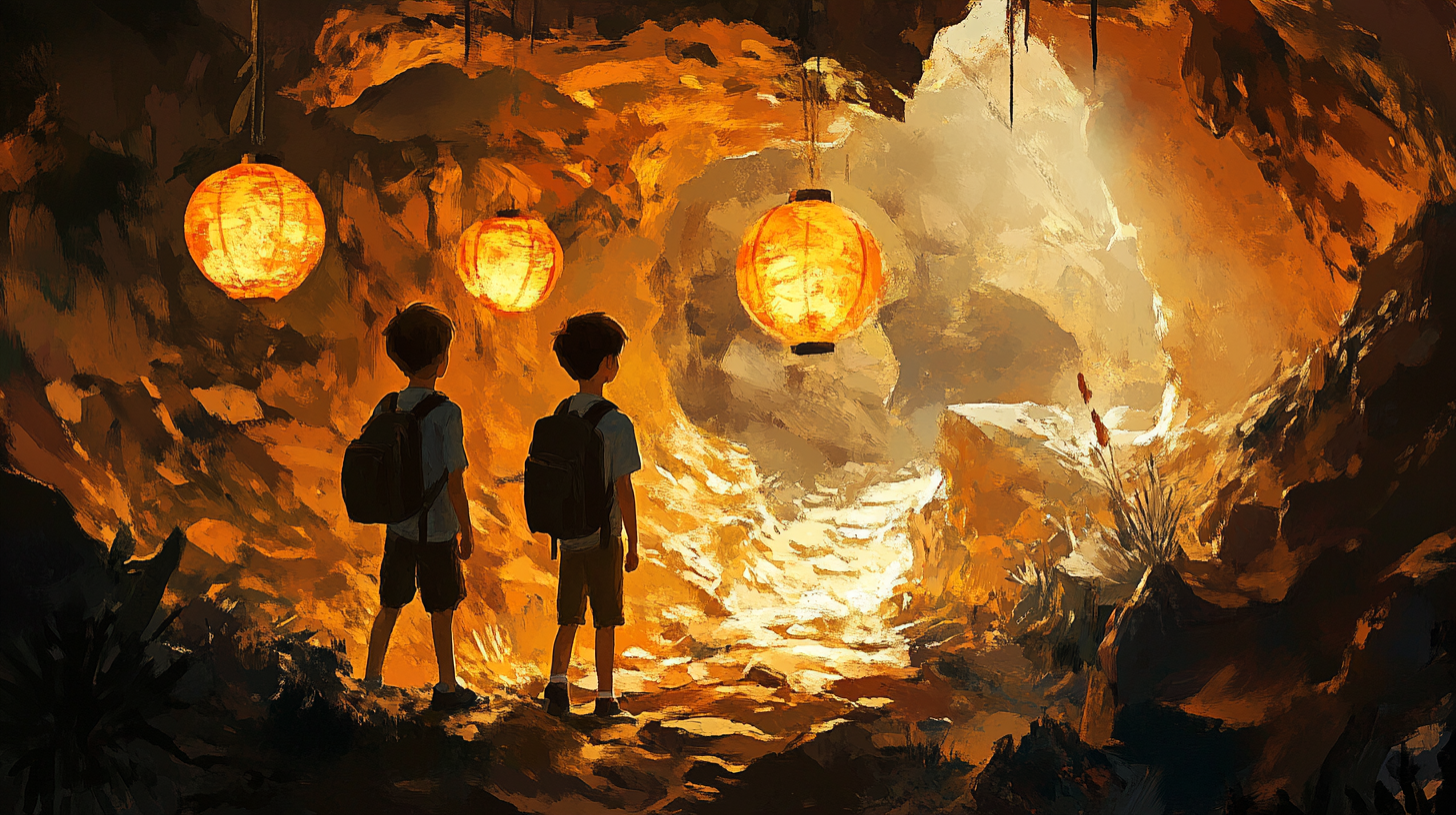 Exploring a cave with lanterns: 12-year-old boys, 11-year-old girl