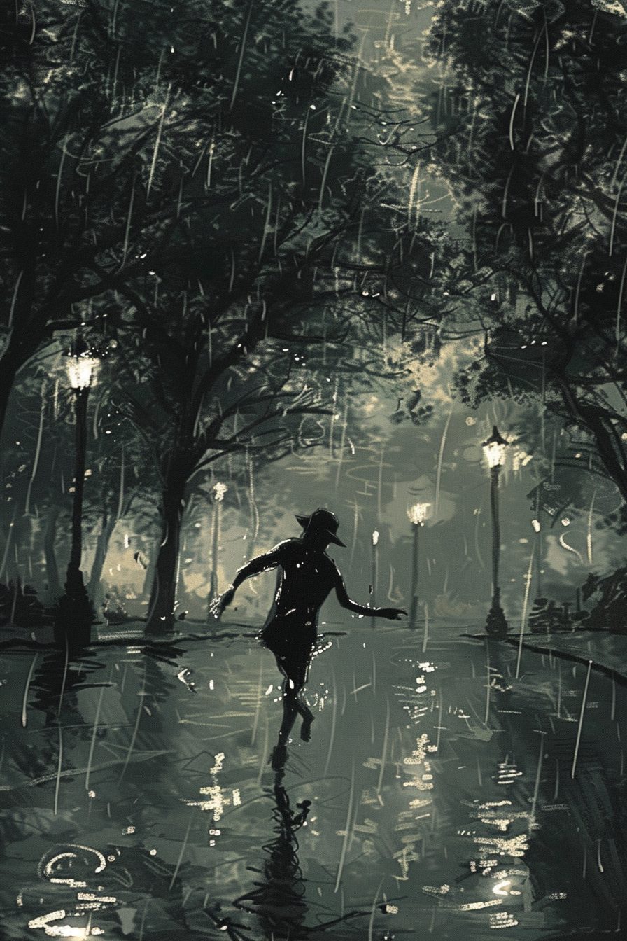 Expression is carefree dancing in rain under stormy sky.