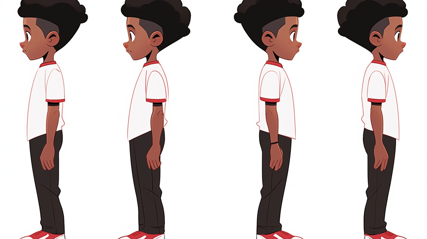 Expressive Afro Boy: Front, Left, Back Views