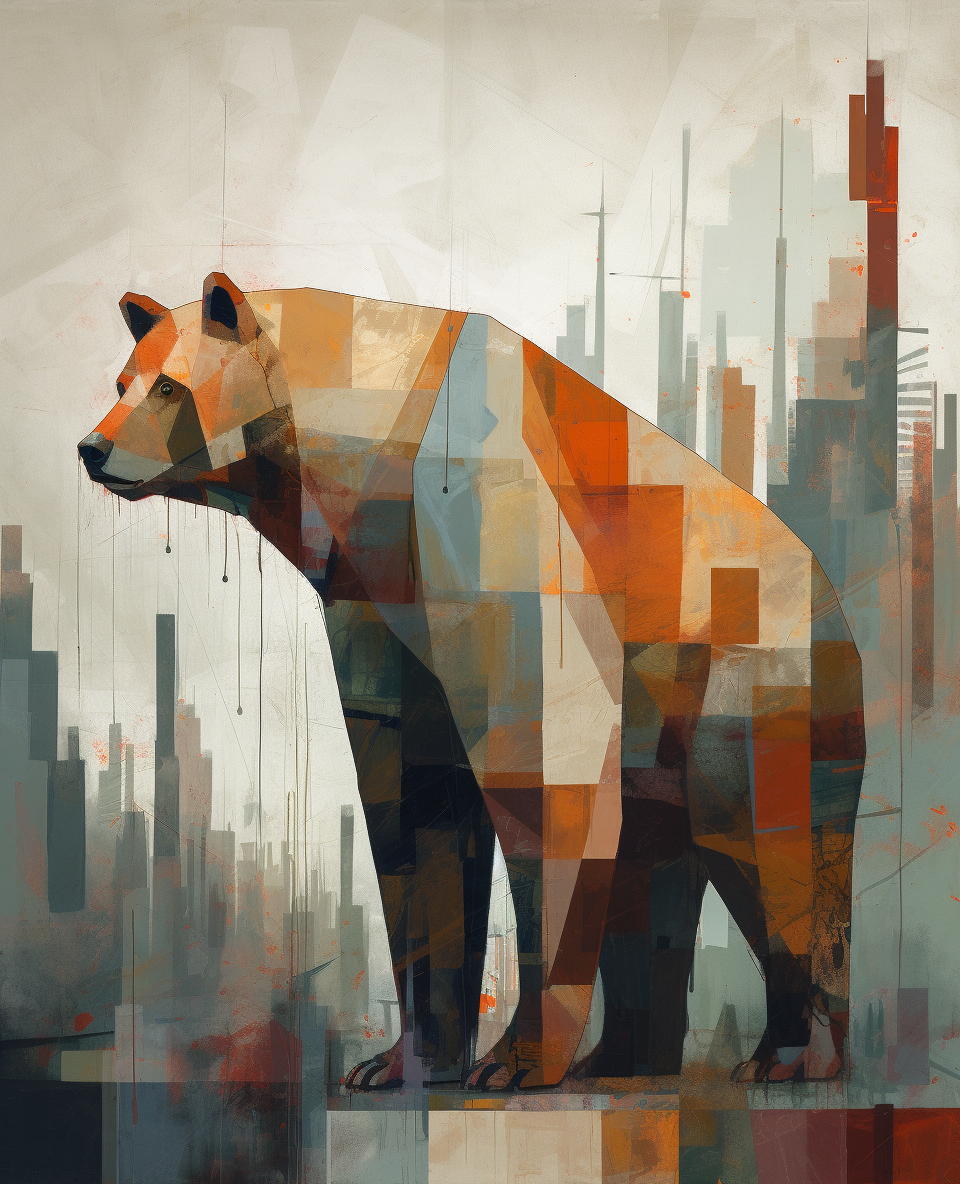 Expressive bear painting in minimalistic style with cityscape background.