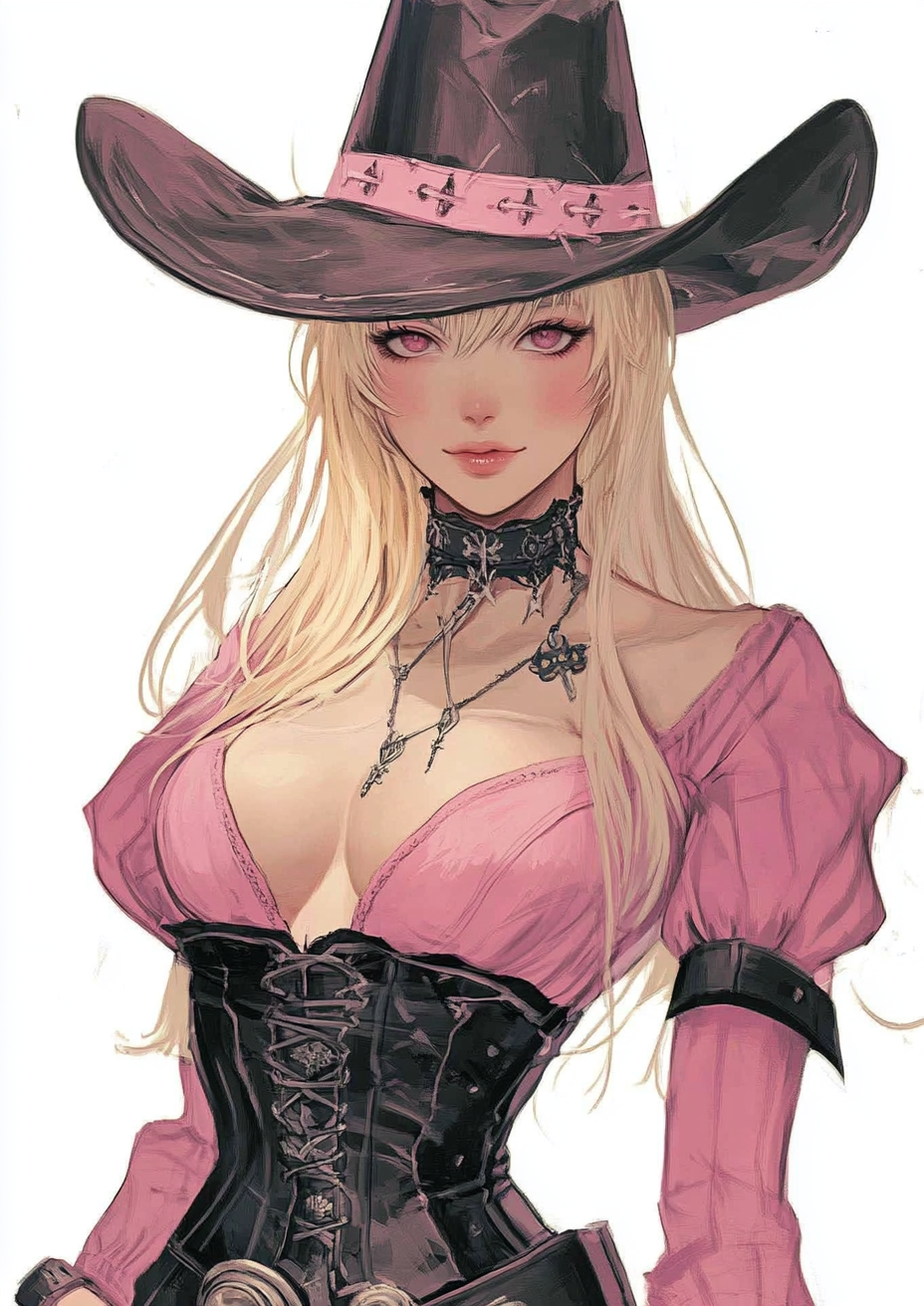 Expressive goth cowgirl with blonde hair and pink outfit.