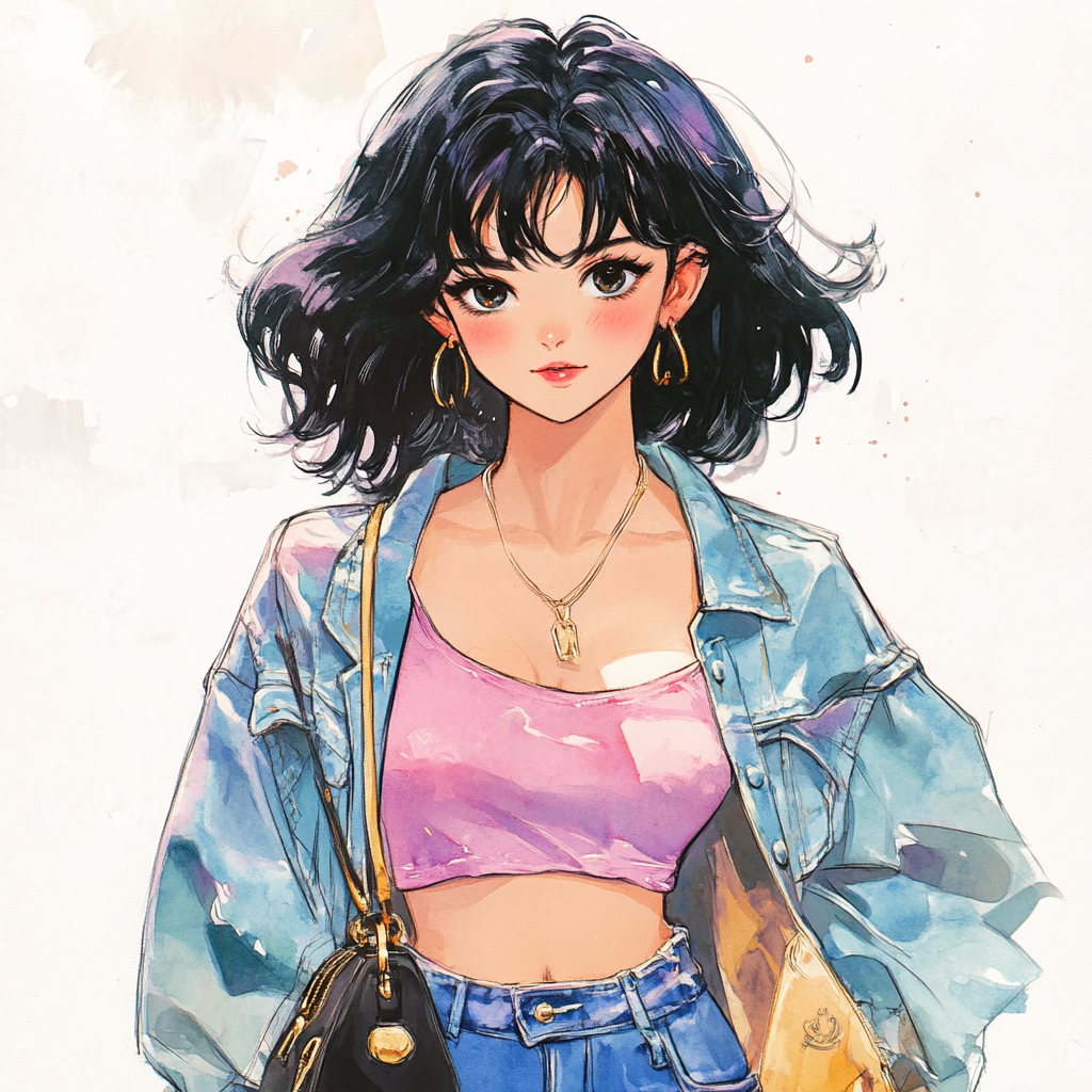 Expressive watercolor portrait of charming 1990s anime girl.