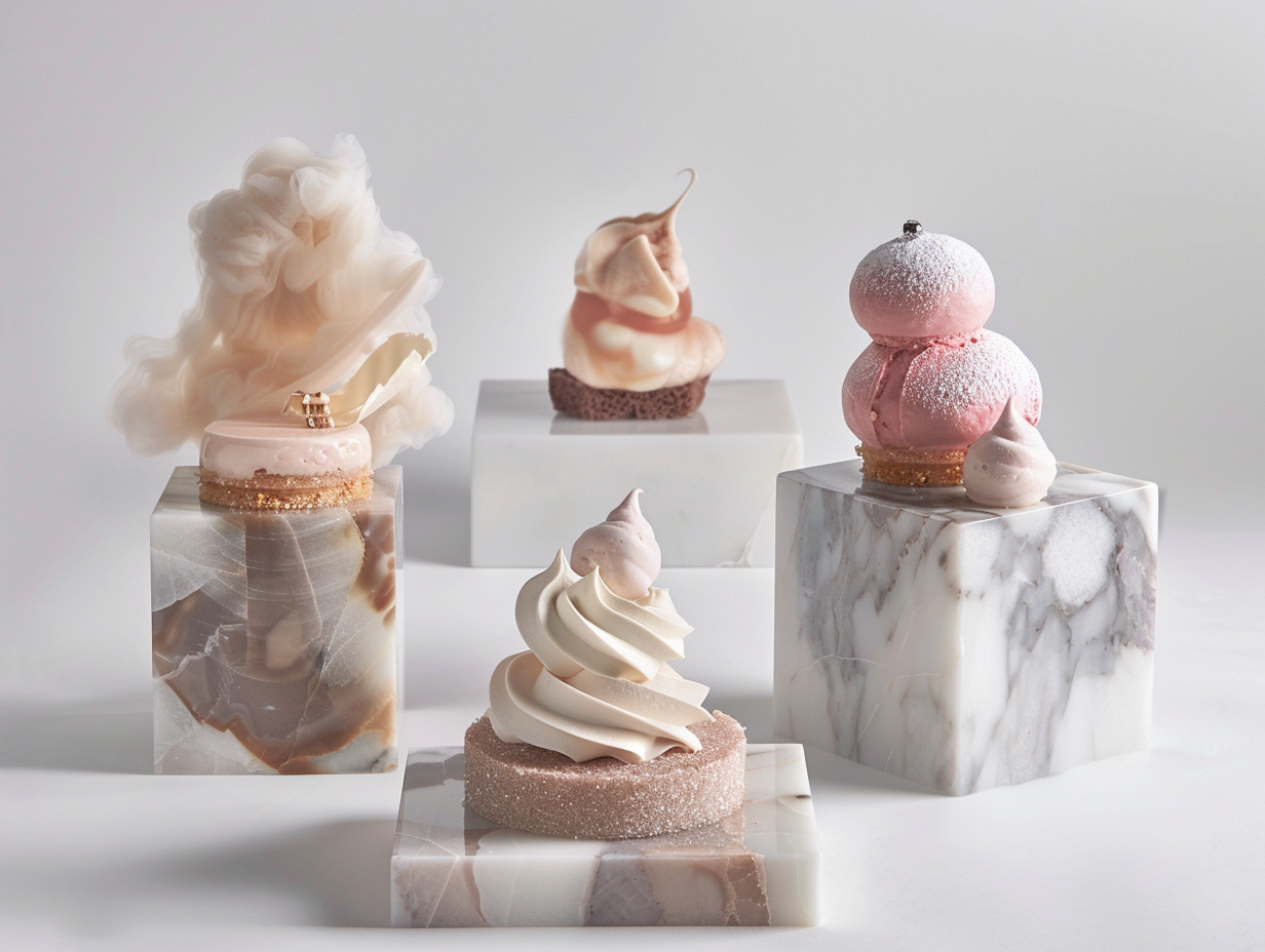 Exquisite Desserts Displayed on Marble Stands