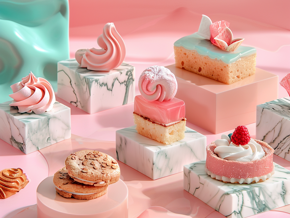 Desserts on marble stands in pastel background.