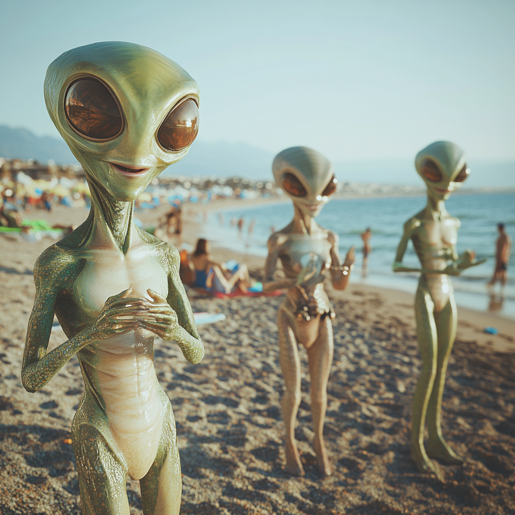 Extraterrestrial beings play together at realistic beach