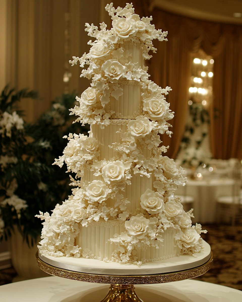 Extravagant, tall royal wedding cake on golden stand