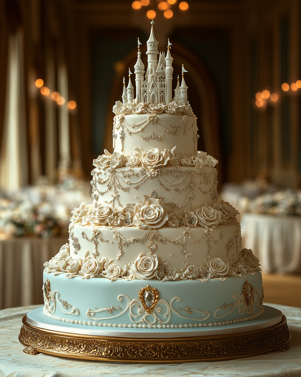 Extravagant Cinderella Wedding Cake on Gold Stand