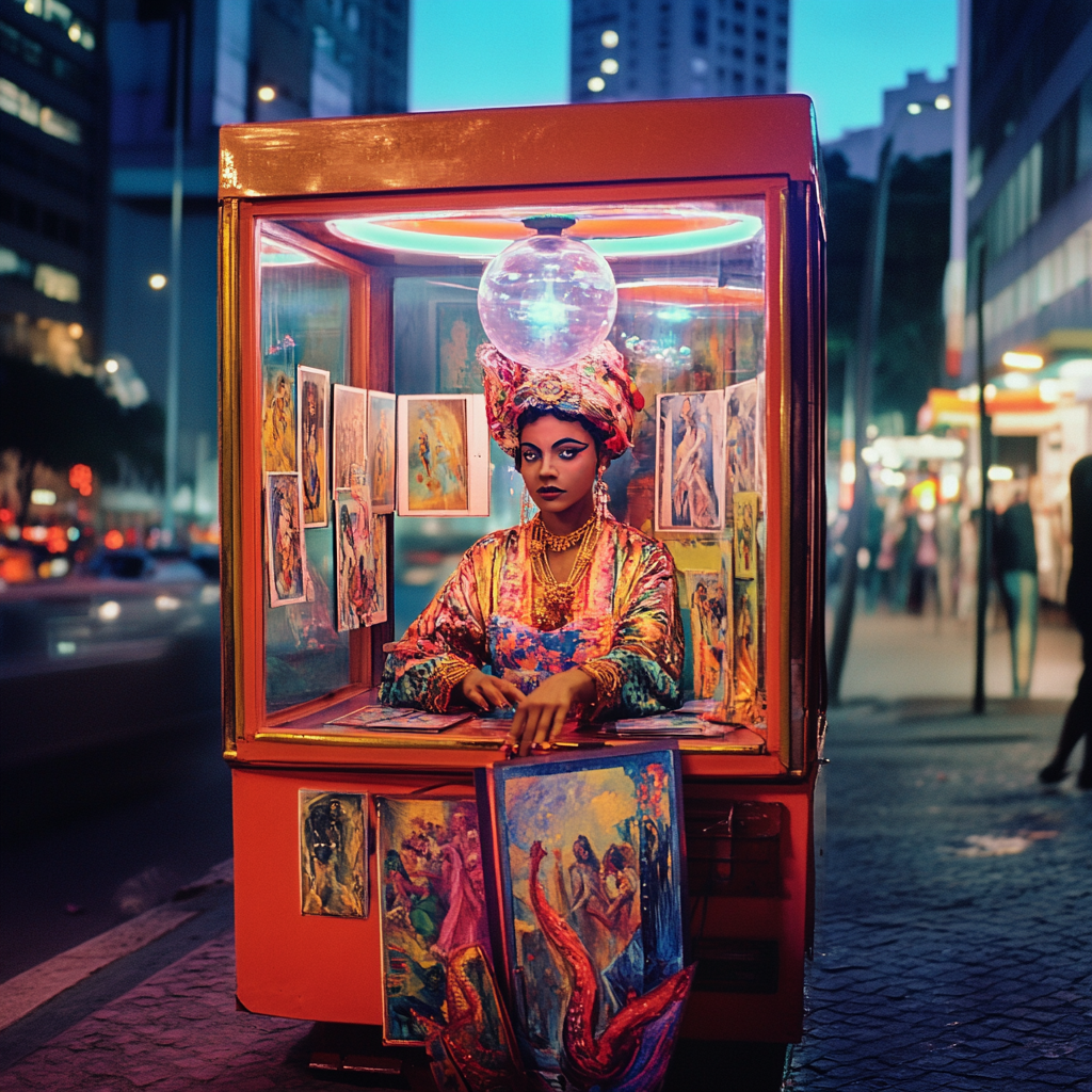 Extravagant fortune teller in neon-lit machine with art cards.