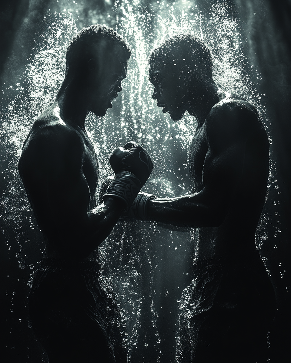 Extreme close-up of two people fighting, punches flying.