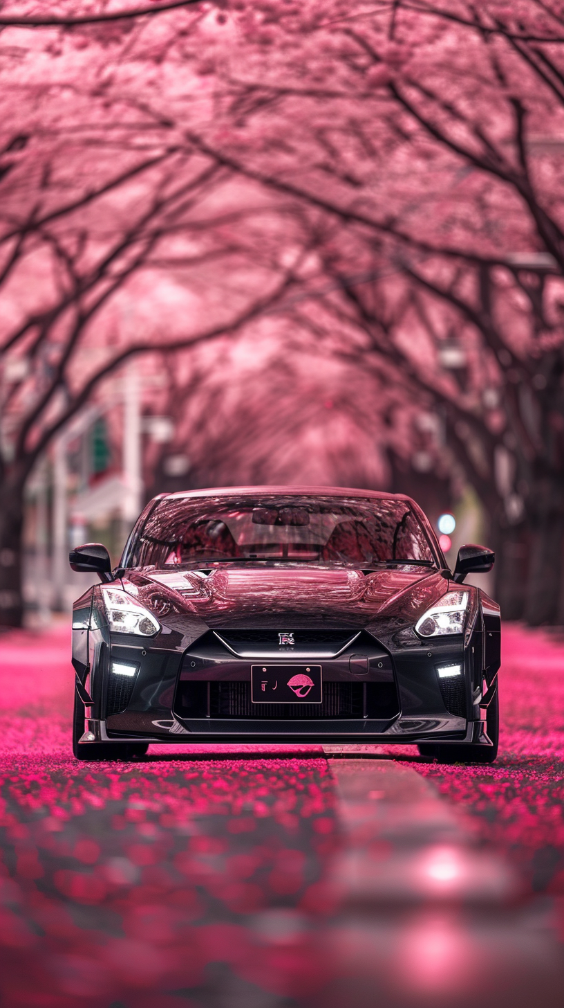 Eye-Catching Black Nissan GTR R35 Custom Widebody on Pink Sakura Tree Road in Japan