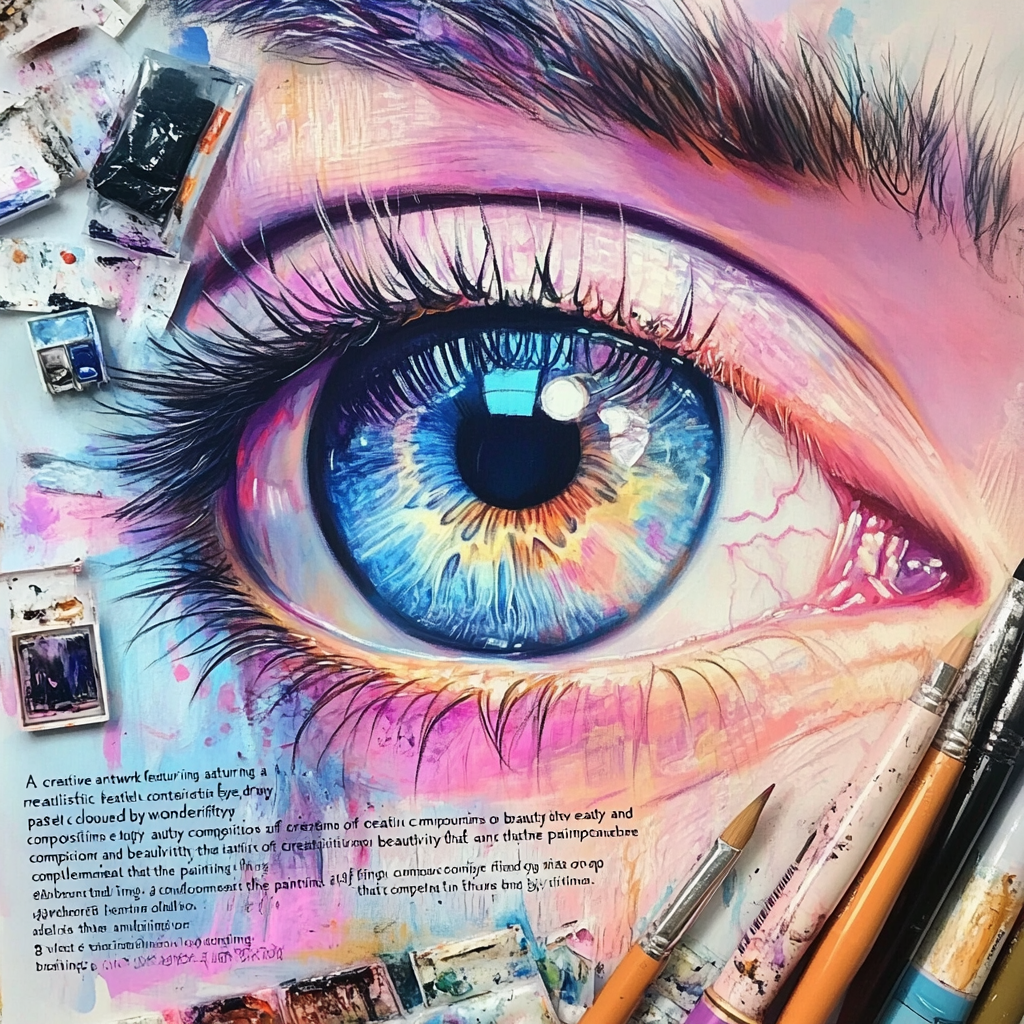 Eye in pastel colors surrounded by beauty and creativity.