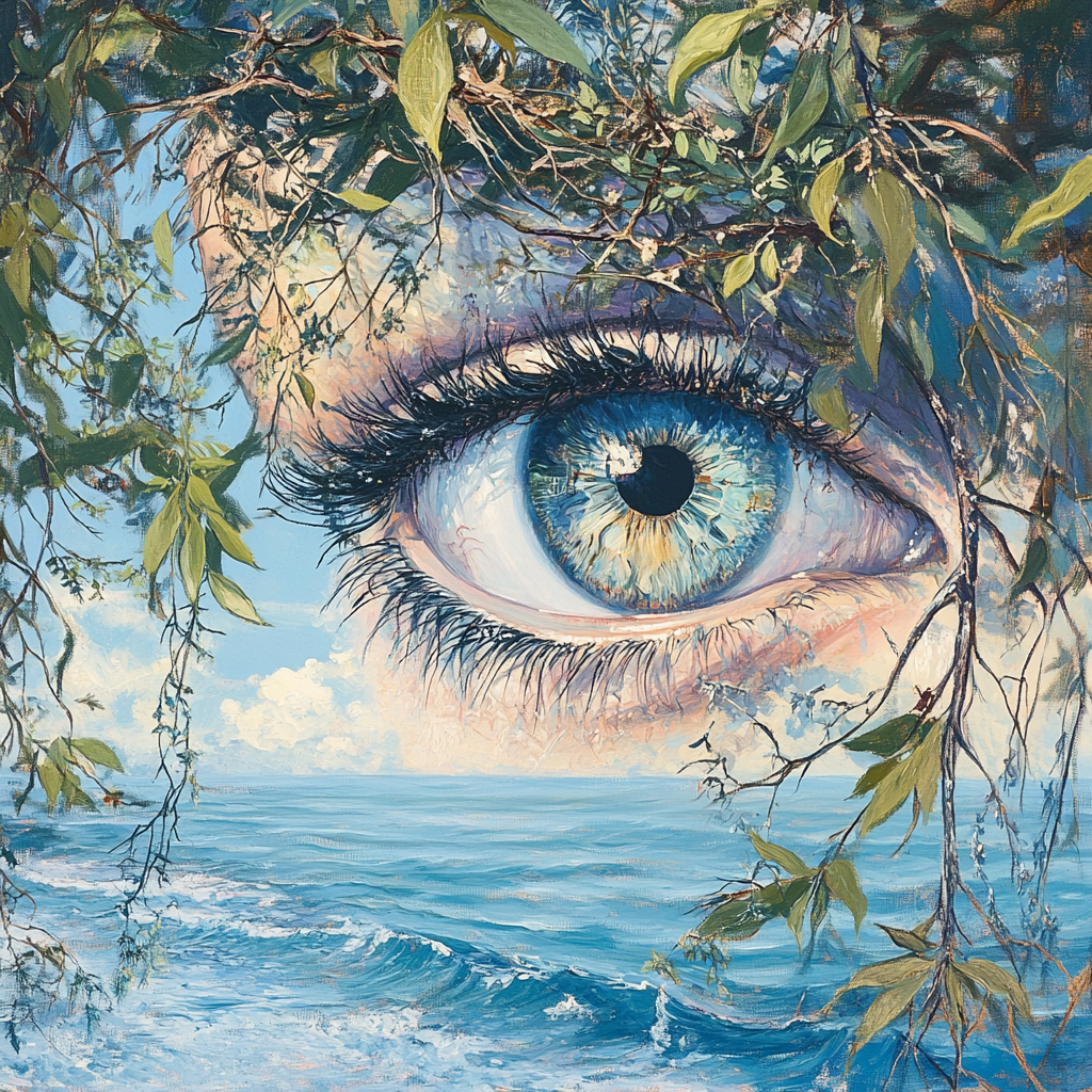 Eye in pastel colors with nature-themed compositions.