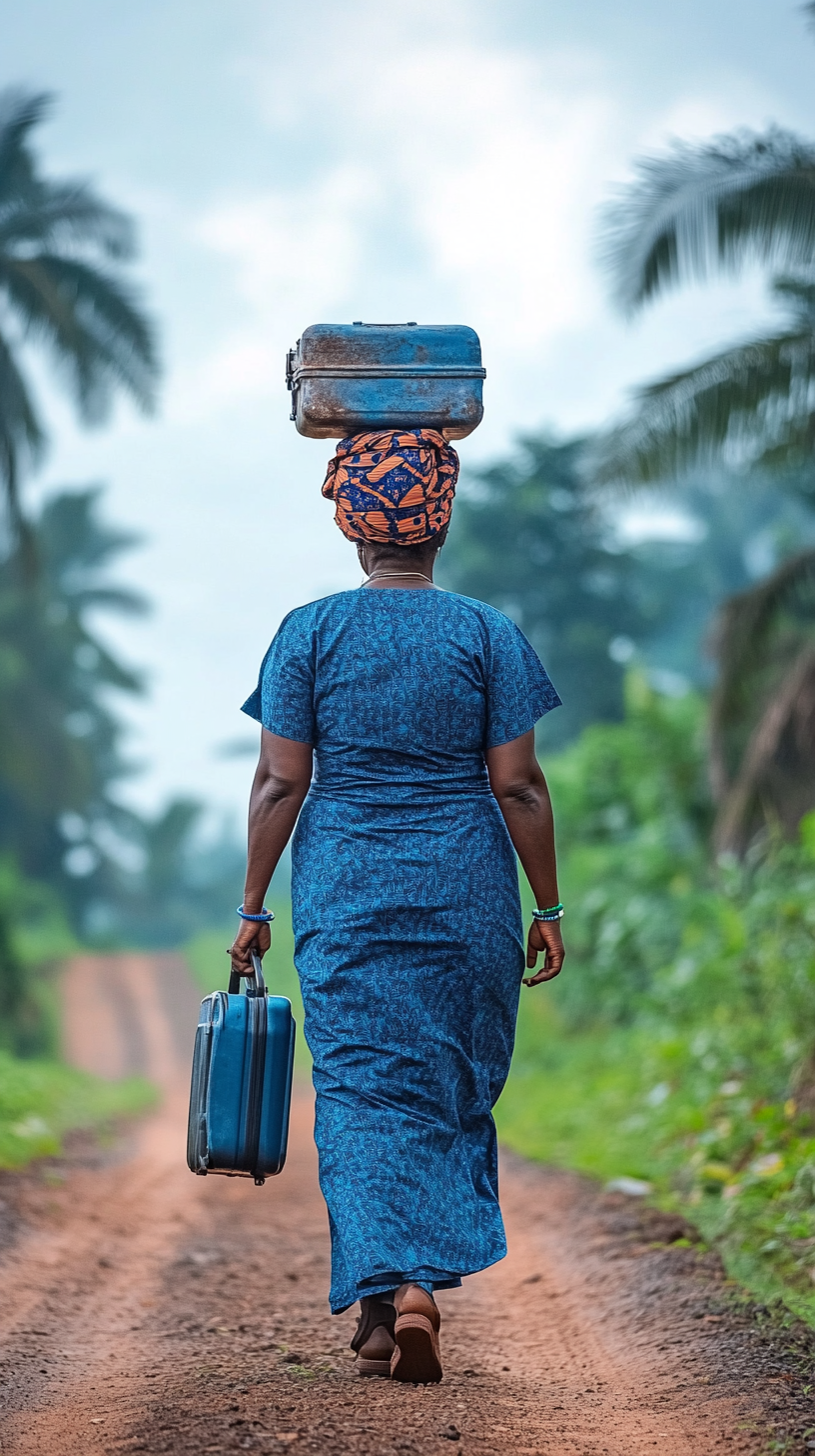 Ezinne, Nigerian midwife, aged 54, walking with luggage.